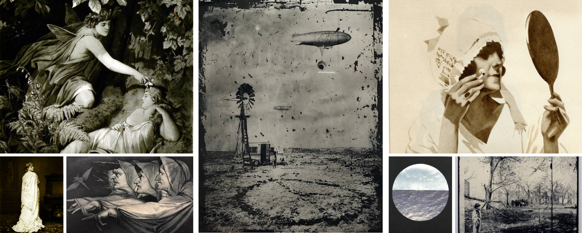 Collage of seven different images from the GVSU Art Museum Collection that showcase the printmaking technique of photogravure.